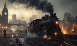 steam engine with the city skyline in the background