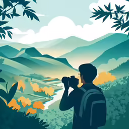 man taking pictures with his digital camera in mountains