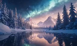 some trees water and lights reflecting in the water