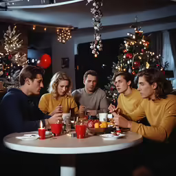 group of people sitting at a table sharing drinks