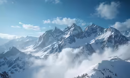 a snowy mountain covered in a layer of white fog