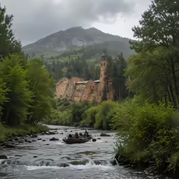 people in small rafts near a mountain stream