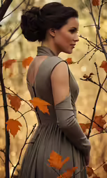 a beautiful woman stands next to some leaves