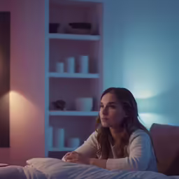 a girl on her bed looking up at a light