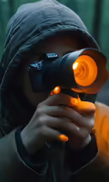 a woman looking at an illuminated camera