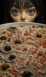 an action doll looking over a pizza dish