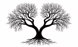 a stylized tree has a branch shaped like two leaves, with a tree cut out of the roots