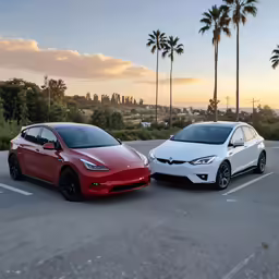 two red and white sedans are parked together