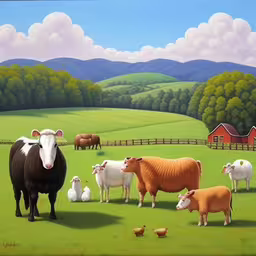 a painting of farm animals and their baby lambs,a painting of cattle and sheep standing in a pasture