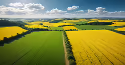 aerial view of trees and yellow fields in the distance