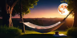 there is an image of a hammock at sunset,a person laying in a hammock at sunset