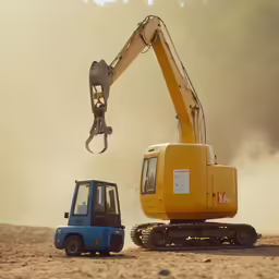 a small blue truck is next to a large crane
