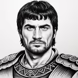 a drawing of a man with a beard and armor