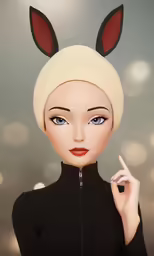 a female mannequin head doll in a black shirt and rabbit ears, with a finger up