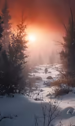 a snowy scene with a stream and sun rays