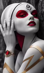 a woman with white face paint and gold and red accessories