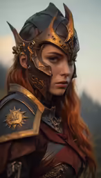 a female warrior in an armor costume with golden metal accents