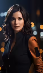 a woman in black dress wearing a leather jacket