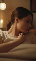 a girl laying on a bed with her chin resting under the blanket