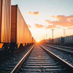 a train traveling down train tracks at sunset