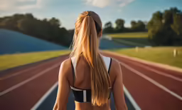 back view of woman at running track with grass in background