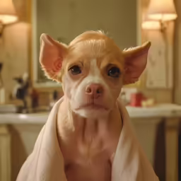 a dog sitting in a bathroom wrapped up in a towel