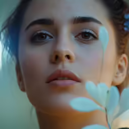 a woman with white flowers around her eyes and the top half of her face