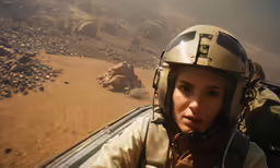 a female air force pilot wearing a tan coat and helmet