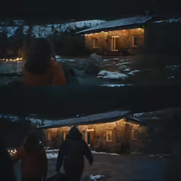 two pictures of a couple walking into their house