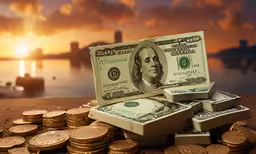 the dollar is sitting next to some gold coins,several hundred dollar bills stacked on top of each other