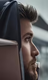 man sitting on seat staring away from camera