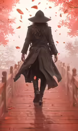 woman with black hat and overcoat walking across bridge in foggy woods
