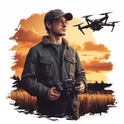 a man is holding a camera with a landscape in the background