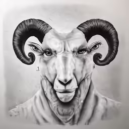 a drawing of a demon face and horns