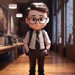 a toy dressed like a young boy with glasses and suspenders