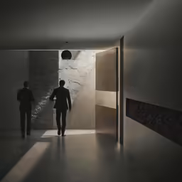 two men walking down an empty hallway next to walls
