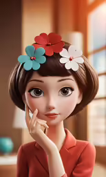 a young woman with long hair and flower in her head