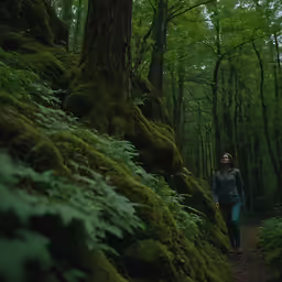 a person walking down a trail in a green forest