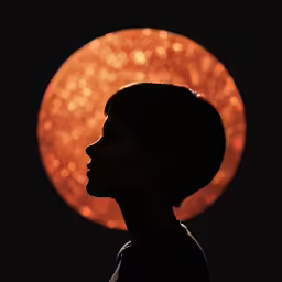 a woman is silhouetted against a full moon