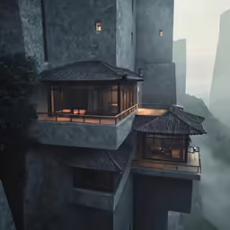 a cliff side home lit up with lights