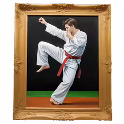 a painting of a man is flying over a red green field