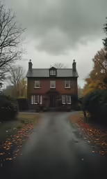 a house sitting on a rainy day next to a street