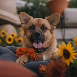 a small brown dog laying in front of yellow flowers