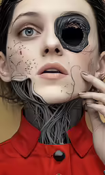 a woman has a strange face and a strange ring