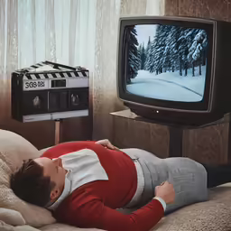 a young man is lying on a bed in front of a television