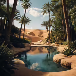 a pool sits between two palm trees and desert