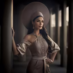 a woman in brown dress and hat posing