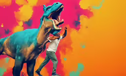 a man holding a skateboard next to a colorful animal