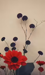some very pretty colorful flowers against a white wall