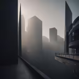 a foggy cityscape with skyscrapers and buildings
